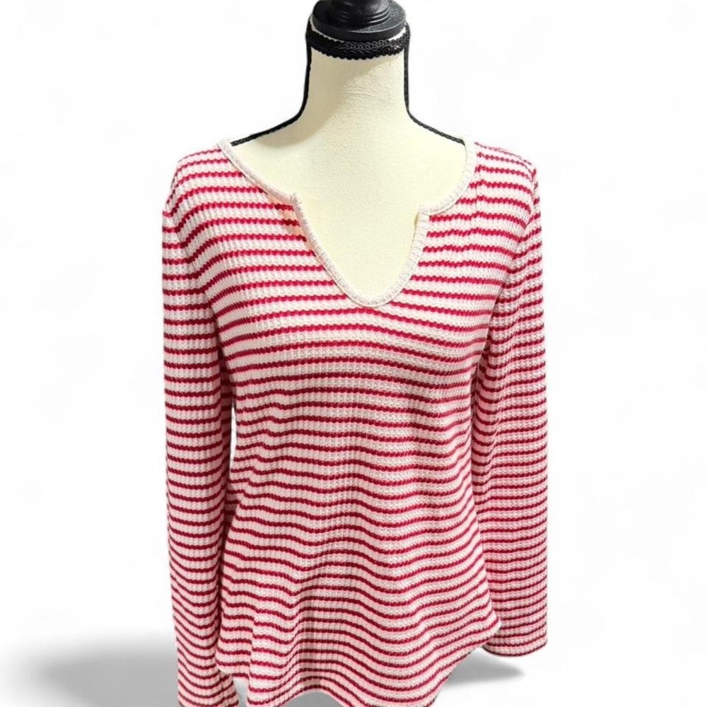 LOFT Red White Striped Waffle Knit Long Sleeve‎ Top Size M